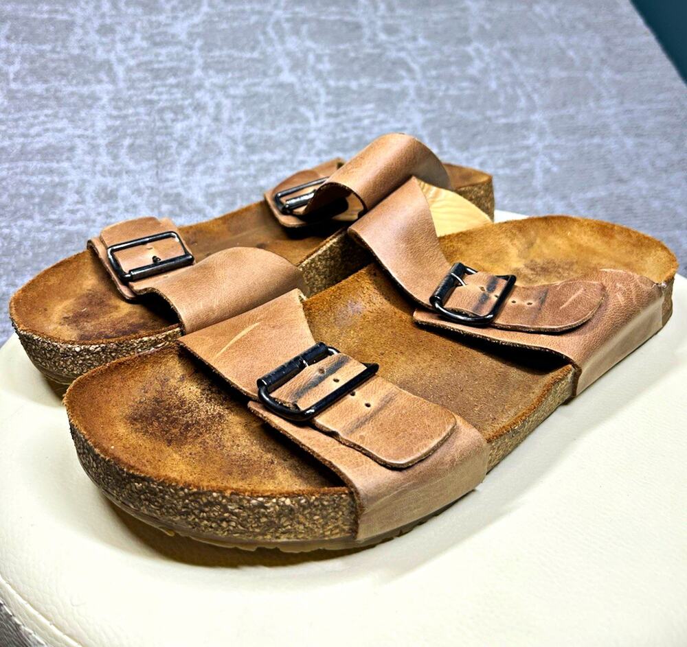 Haflinger Brown Leather Slide Sandals Buckle Straps Women US 10
